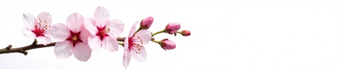 Fototapeta premium Faded cherry blossom branch on a plain white background, green stems, branches, white background