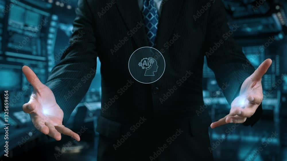 Poster human interact with ai artificial intelligence brain processor in concept of ai artificial intellige