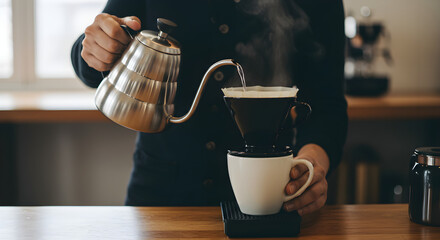 An elegant pour over coffee scene with a dripper set on a ceramic cup, highlighting a slow and deliberate brewing process
