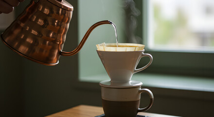 An elegant pour over coffee scene with a dripper set on a ceramic cup, highlighting a slow and deliberate brewing process