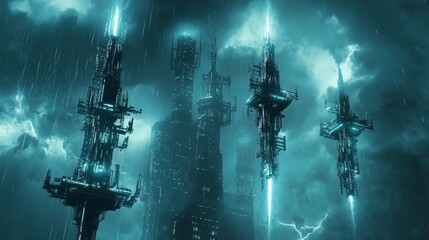 Futuristic towers emit energy in a storm, reflecting in the rain