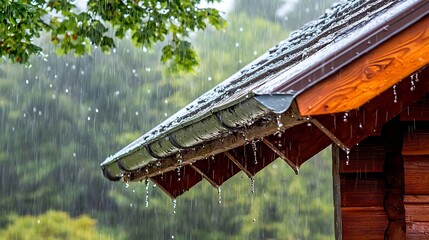 Heavy rain falling on wooden cabin roof