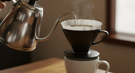 An elegant pour over coffee scene with a dripper set on a ceramic cup, highlighting a slow and deliberate brewing process