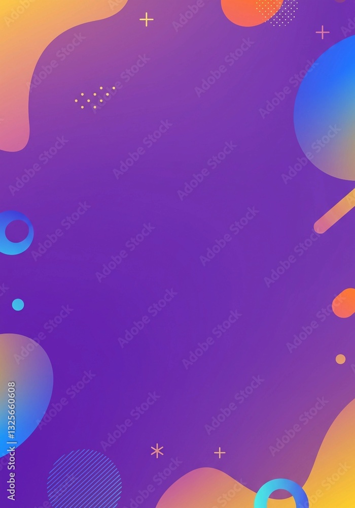 Poster the purple blob shape, surrounded by geometric elements and a colorful gradient background, creates 