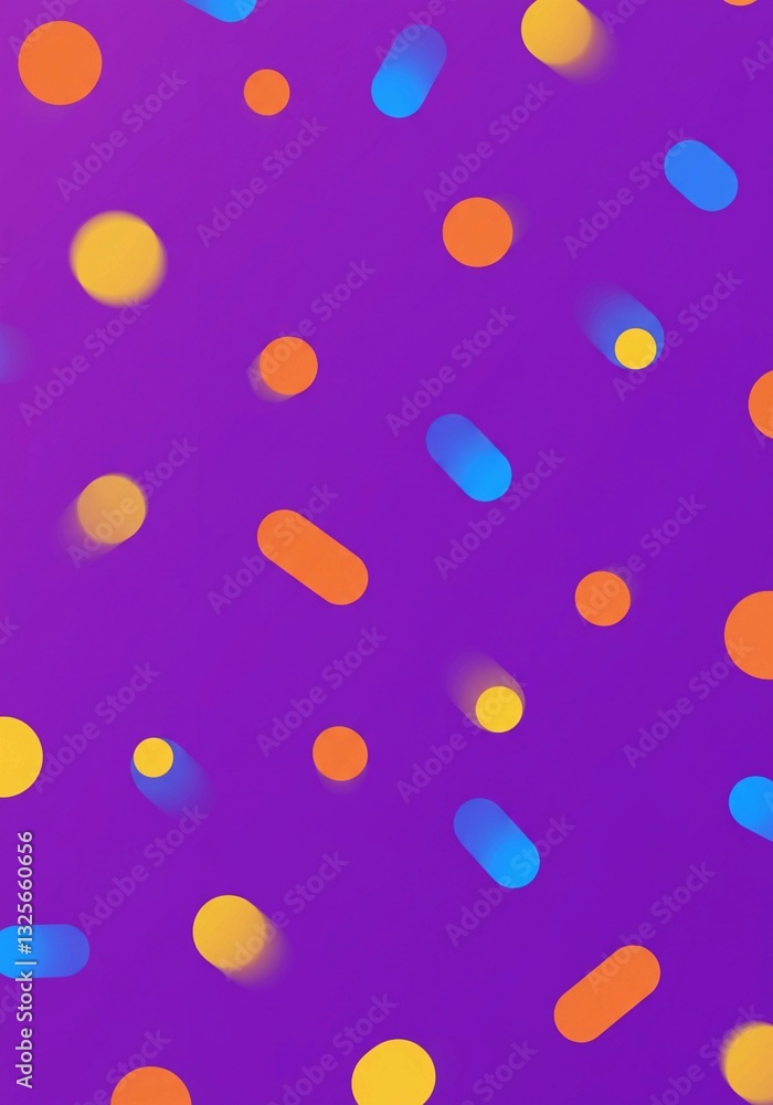 Poster the purple blob shape, centered on a colorful gradient background with geometric elements, creates a