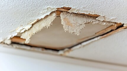 Damaged ceiling panel revealing insulation and wood