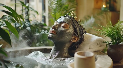 Serene Spa Experience: Woman Relaxing in a Mud Bath