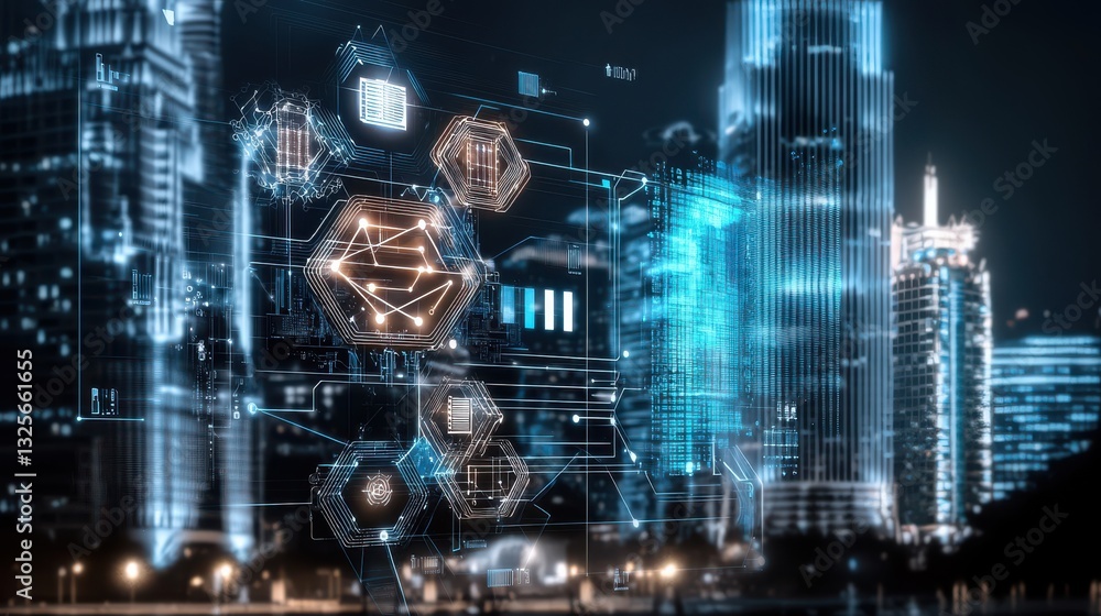 Aufkleber futuristic cityscape at night with a dazzling display of skyscrapers holographic interfaces and 3d d