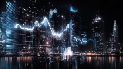 Breathtaking futuristic cityscape at night with skyscrapers glowing lights and dynamic data visualization representing financial analytics statistics and market information