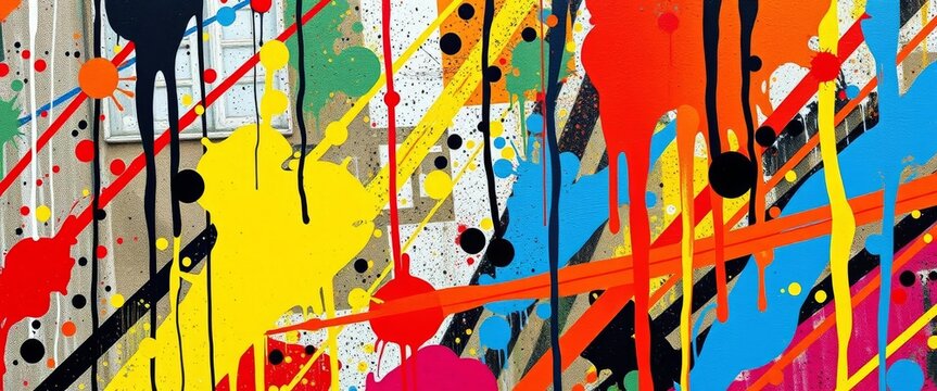 Fototapeta Abstract spray paint splatters & drips, bold lines forming urban texture, texture, hip hop