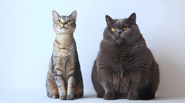 A fat cat and a skinny cat sitting side by side. White background. Diet, lifestyle and cute animals concept