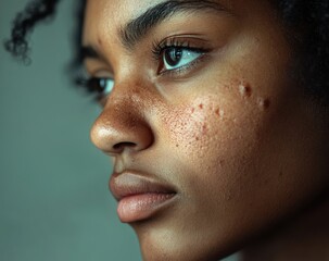 Close-up profile of a young woman with acne scars.