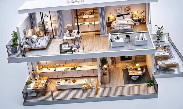 Two-story dollhouse view showing bedroom, kitchen, dining, living room in modern minimalist style