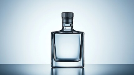 Clear glass square bottle with black cap on reflective surface.