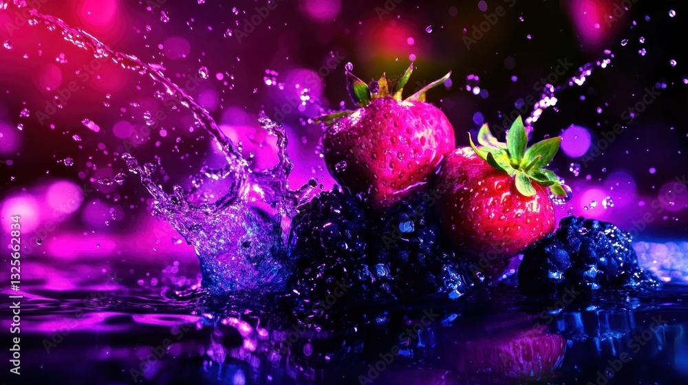 Poster water splashing on strawberries and blackberries creating a cool splash
