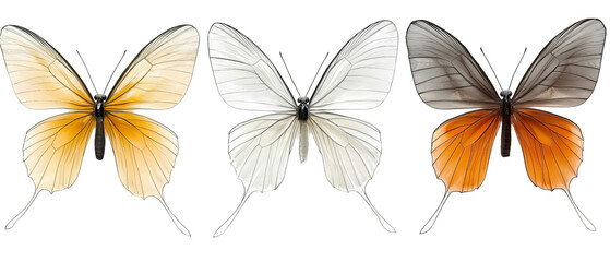 Png of Three beautifully detailed butterflies showcasing vibrant colors and intricate wing patterns on transparent background.