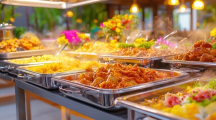 Fototapeta premium Tantalizing array of various hot and fresh dishes displayed on serving trays at a high end catered function or restaurant buffet showcasing the diversity and abundance of the culinary spread