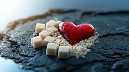 Fototapeta premium Heart-Shaped Jelly and Sugar Cubes on Dark Slate Background Representing Sweetness and Love in Culinary Art