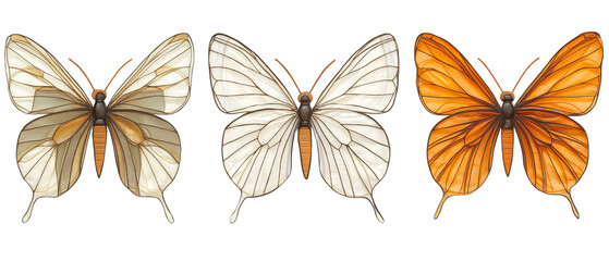 Png of Three exquisite butterflies showcasing delicate wings in white and orange hues on transparent background.