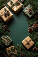 Flat lay of Christmas gifts surrounded by pine branches and ornaments