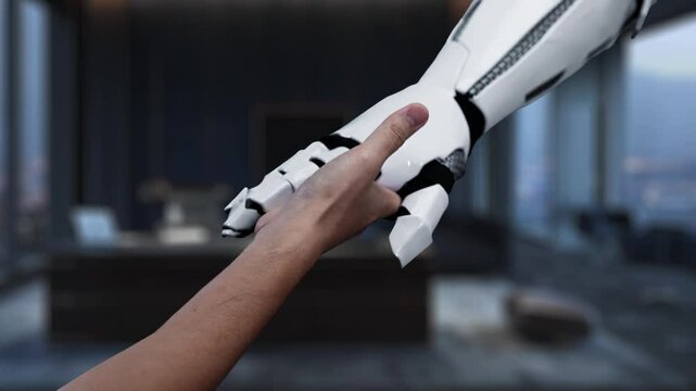 An video showcasing a hand reaching out with floating quality and cost symbols, representing the concepts of business growth and optimization in a sleek office setting. Auvana