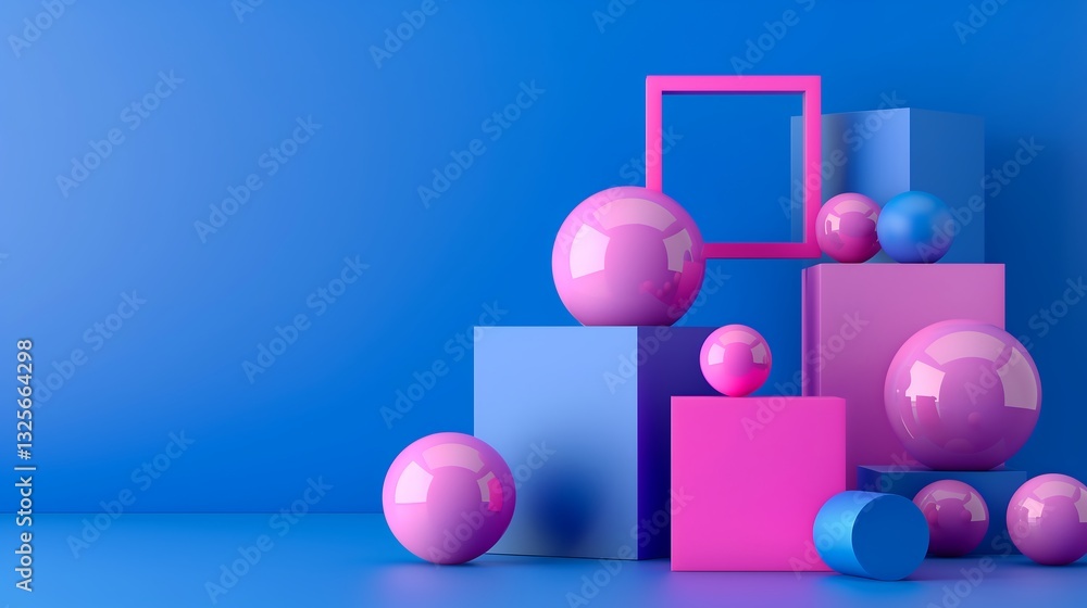 Poster a bold abstract arrangement of intersecting 3d cubes and spheres, semi-transparent elements creating