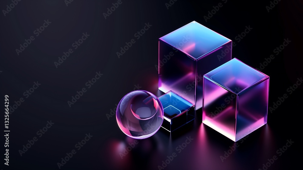 Poster a bold abstract arrangement of intersecting 3d cubes and spheres, semi-transparent elements creating