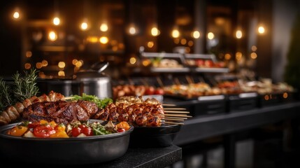 Mouthwatering Grilled Feast with Sizzling Sausages and Roasted Vegetables on Rustic Serving Platter  Delicious homemade barbecue dish with a variety of meats and fresh produce