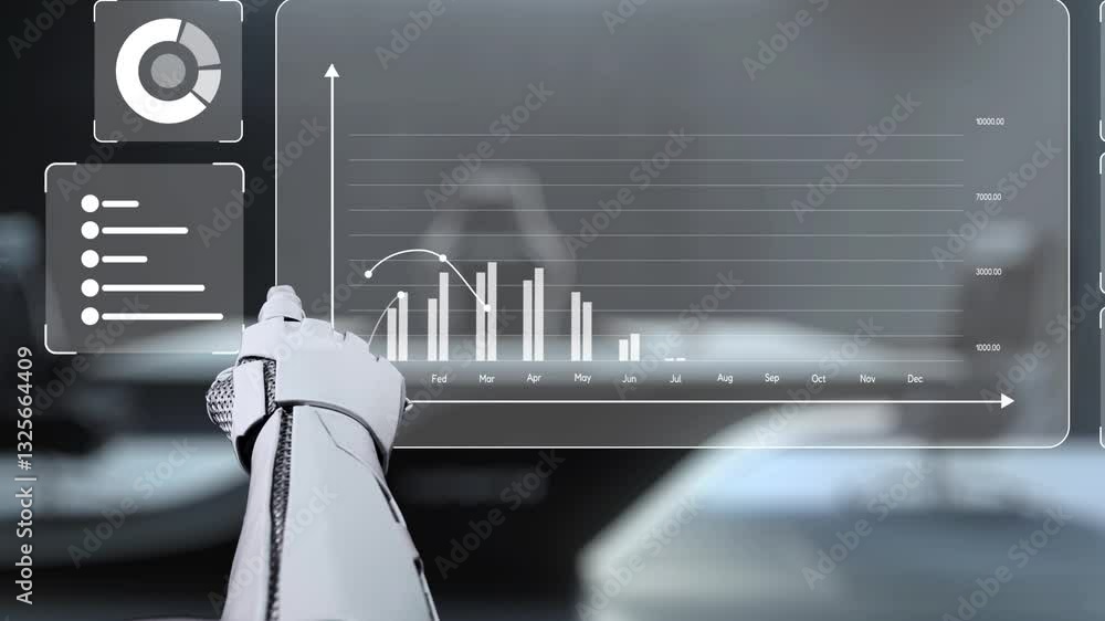 Poster a robotic arm interacts with a transparent digital display featuring various charts and graphs, illu
