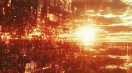 Fototapeta premium Orange and Red Digital Cityscape at Sunset, Glowing Particles and Warm Light