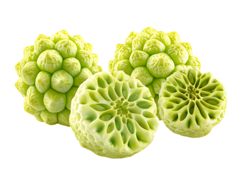 Abstract Lime Green Spheres with Geometric Cell Patterns on Transparent Background