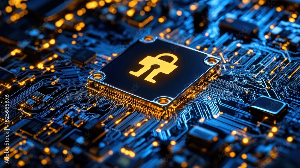 Aufkleber an illuminated circuit board with security symbol in detail