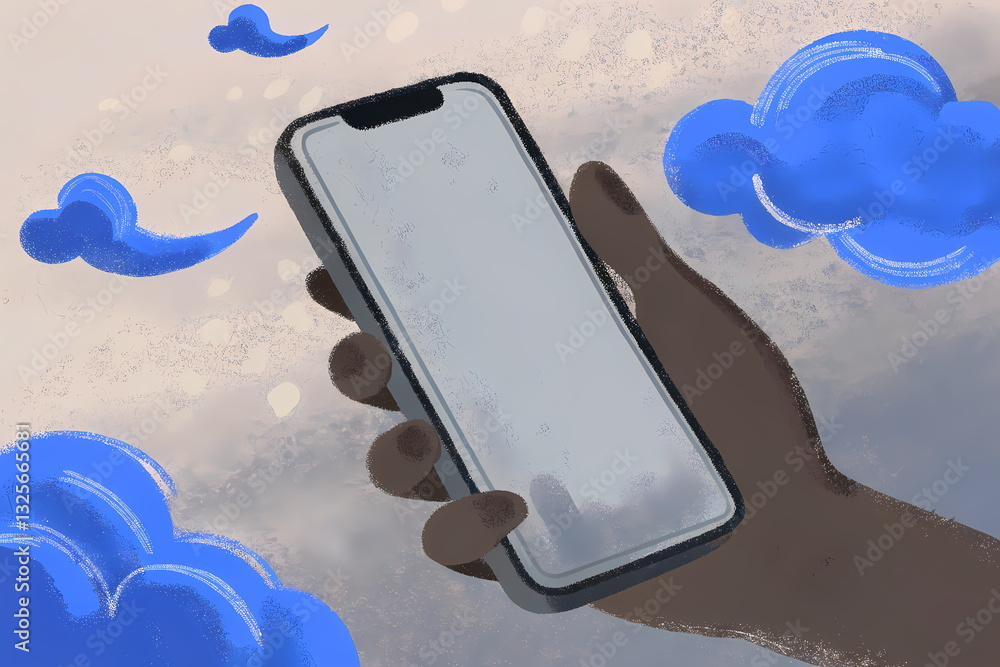 Poster hand holding smartphone with clouds in background, cloud computing concept
