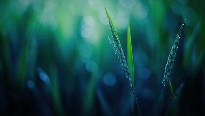 Dewdrops on rice plants in a field at dawn.