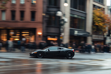 Fototapeta premium Fast black sports car driving through city street rain wet blur road speed urban image motion luxury