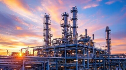 Large industrial facility complex with pipes and tall smokestacks at dusk