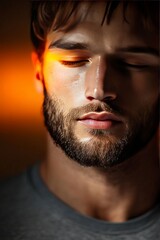 Fototapeta premium Serene Close-Up Portrait of a Young Man with Subtle Light Highlights and Expressive Features