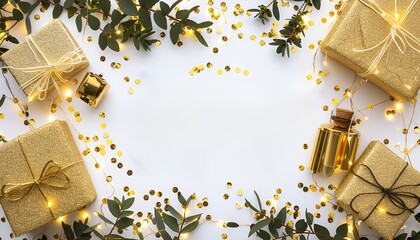Golden gift boxes with green foliage decoration frame on white background, festive holiday flat lay.