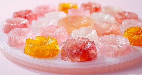 Flower-Shaped Jelly Dessert Platter, Colorful Translucent Flower Petal Jellies and Candies.