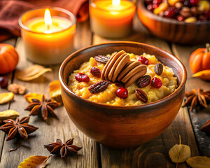 Fototapeta premium Seasonal Pumpkin Quinoa Porridge with Candlelight and Pecan Nuts 