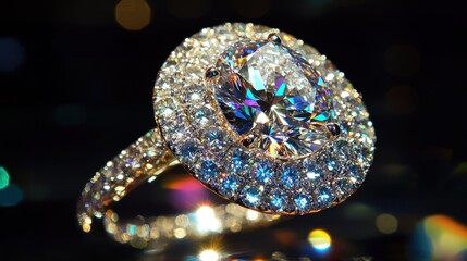 Fototapeta premium Exquisite diamond ring, close-up, dark background, bokeh effect