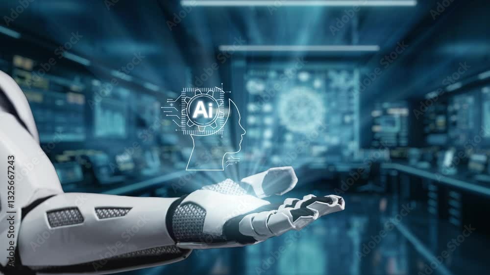 Poster a robotic hand showcases concepts of artificial intelligence in a sophisticated, high-tech setting. 