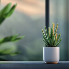 Elegant Green Cactus Plant in Minimalist White Pot Against Bright Natural Background