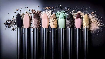 Various makeup applicators with multiple colorful eyeshadows on a dark background
