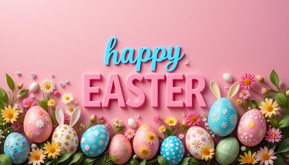 "Charming Easter Greeting Card with Bunny Ear Eggs, Colorful Flowers, and a Pink Festive Backdrop"