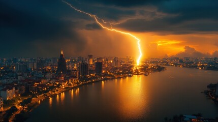 Obraz premium A dramatic nighttime lightning strike over a cityscape river