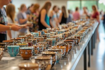 Display of Vibrant Handmade Ceramics at a Local Art Fair Showcasing Unique Pottery Pieces with Colorful Glazes and Intricate Designs Amidst a Busy Crowd.