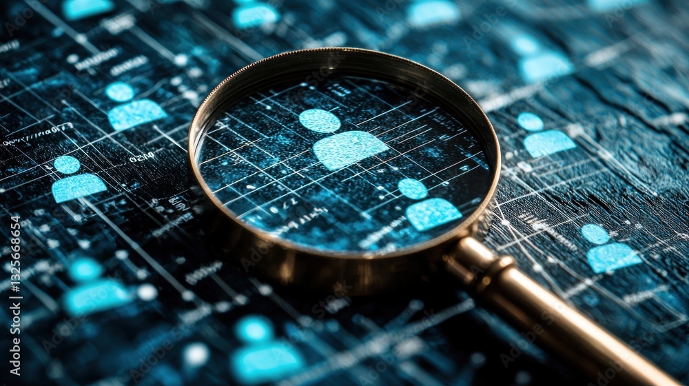 Aufkleber magnifying glass focused on digital icons representing users and data