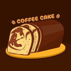 National Coffee Cake Day to celebrate on April 7th. Delicious coffee flavored bread served on wooden plate on dark brown background. Food event banner.