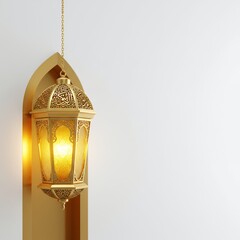 Ornate Gold Lantern Hanging with Arabic Design in Golden Niche